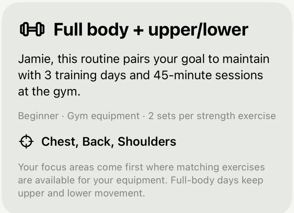 A full body and upper/lower routine matched to three training days and 45 minute sessions