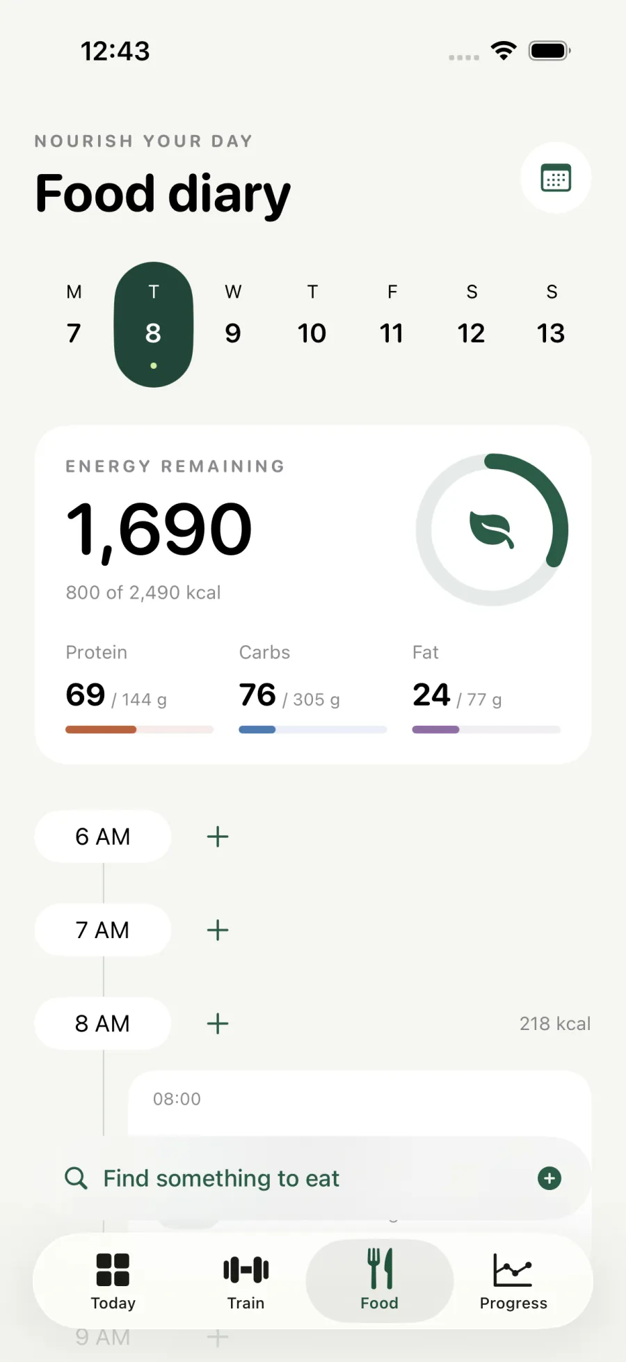 The Thrive food diary: energy remaining, protein, carbs and fat, and an hour-by-hour meal timeline