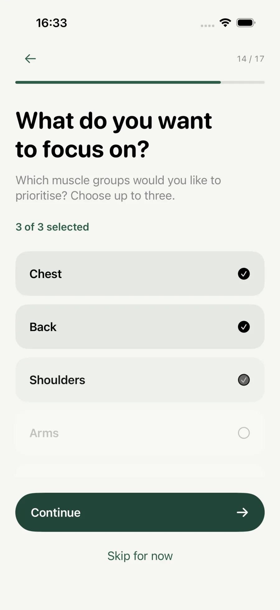 Onboarding step fourteen: choose up to three muscle groups to prioritise