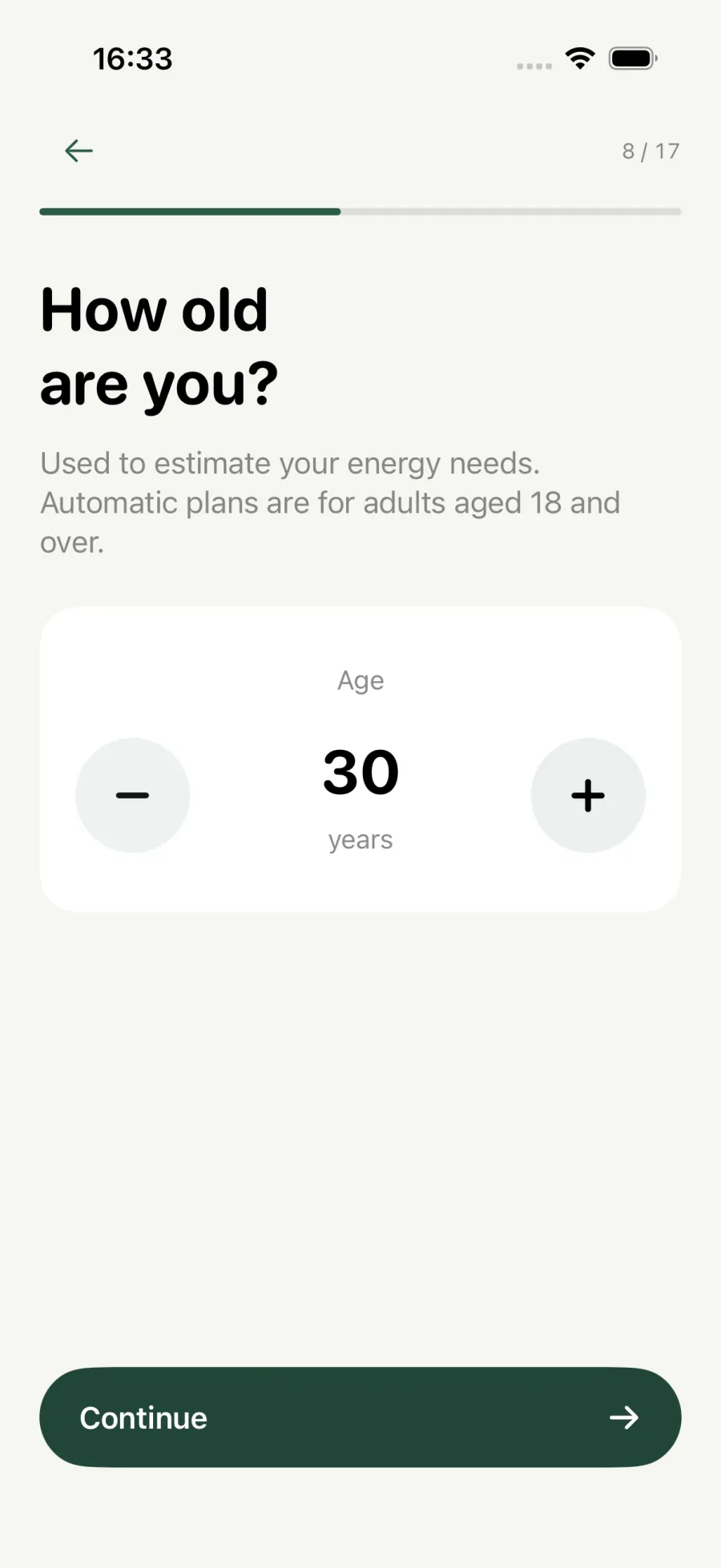 Onboarding step eight: how old are you, used to estimate your energy needs