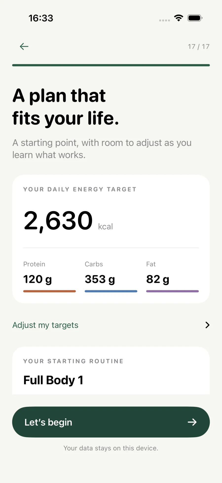 A plan that fits your life: a 2,630 kcal daily target with macro split