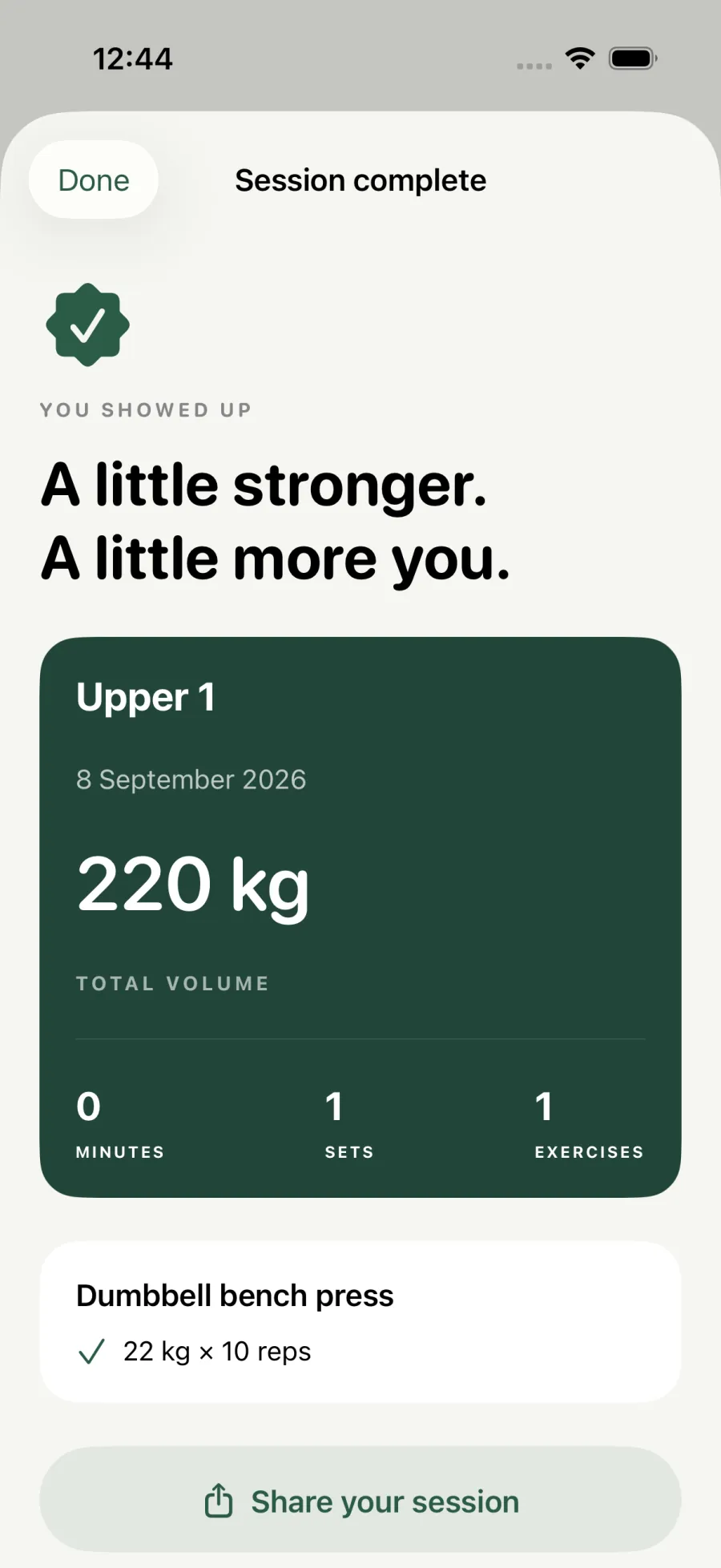 Session complete: 220 kg of total volume, with every logged set listed