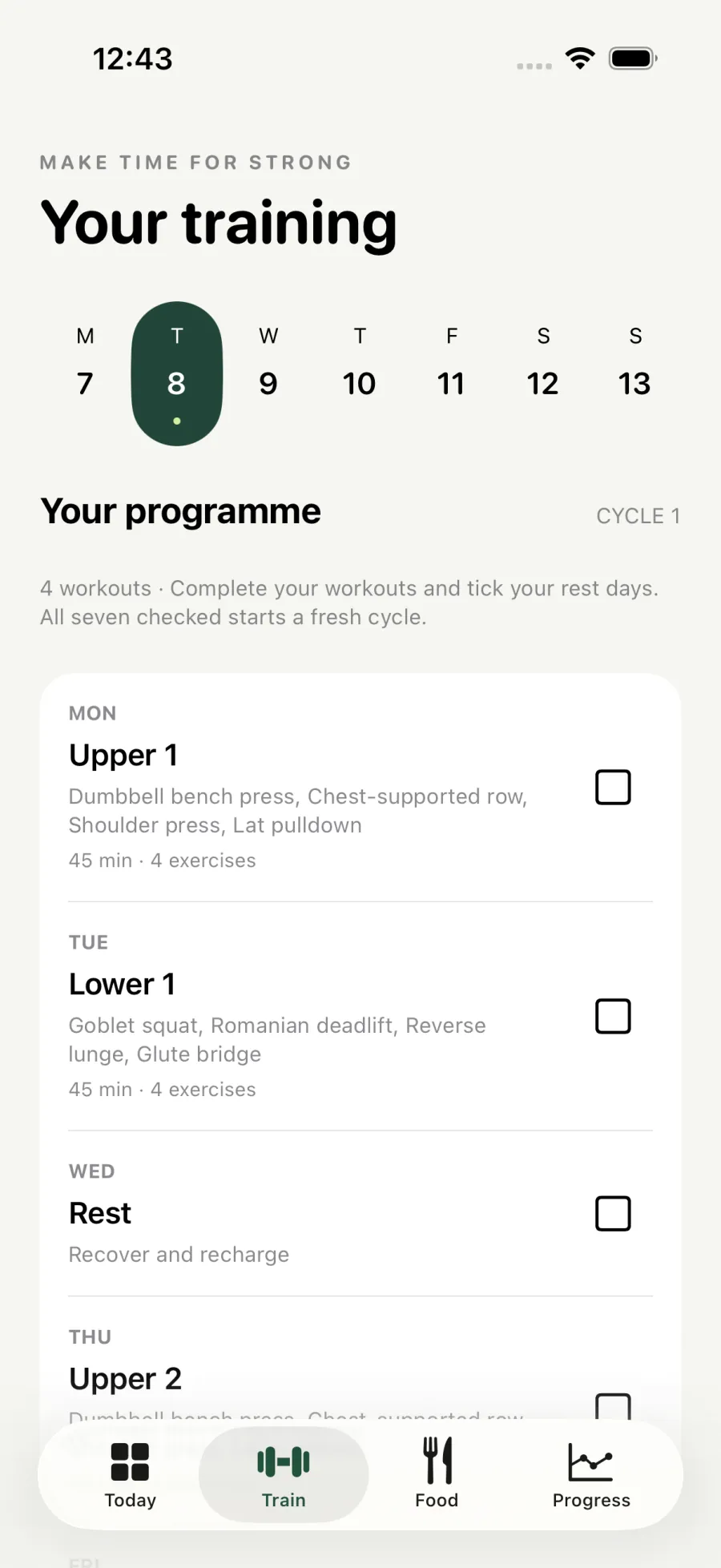 Your training: a seven day programme of workouts and rest days