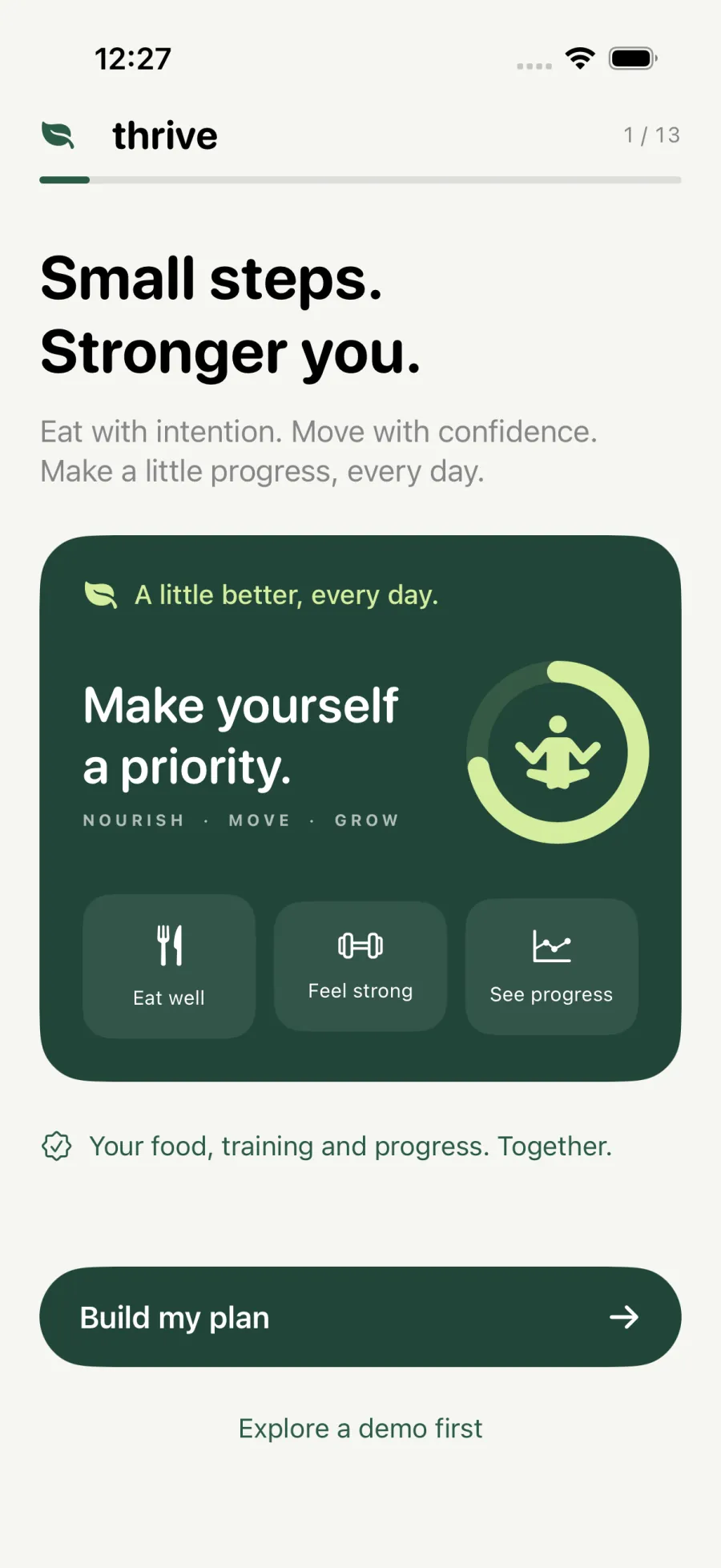 The Thrive welcome screen: small steps, stronger you