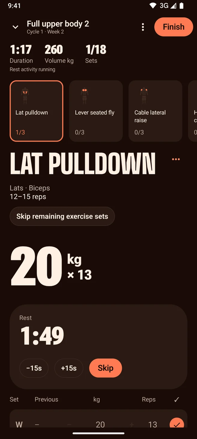 Thrive's gym screen on Android: the current exercise, its working weight and reps, and the set table with last time's numbers
