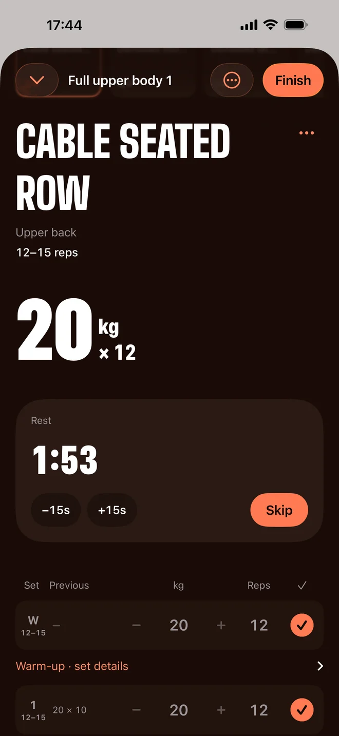 Thrive's gym screen on iPhone: cable seated row, 20 kg for 12 reps, rest timer at 1:53